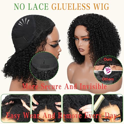 ZIYU Half Wig Human Hair - 200% Density Wear Go Glueless Wigs Human Hair 12 Inch Kinky Curly 3 In 1 Half Wig for Women Drawstring Seamless Flip Over Headband Wig Beginner Friendly