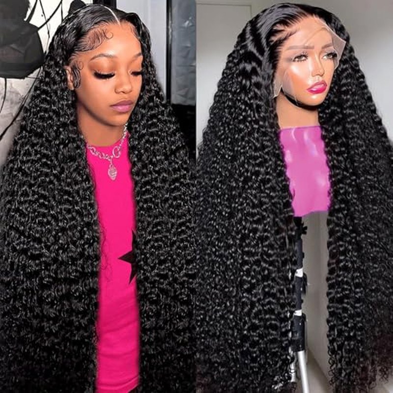 Deep Wave Lace Front Wigs Human Hair 200 Density 13x6 HD Transparent Lace Front Wigs for Women Pre Plucked Deep Curly Lace Frontal Wig Human Hair Glueless Wigs Natural Black 28 Inch