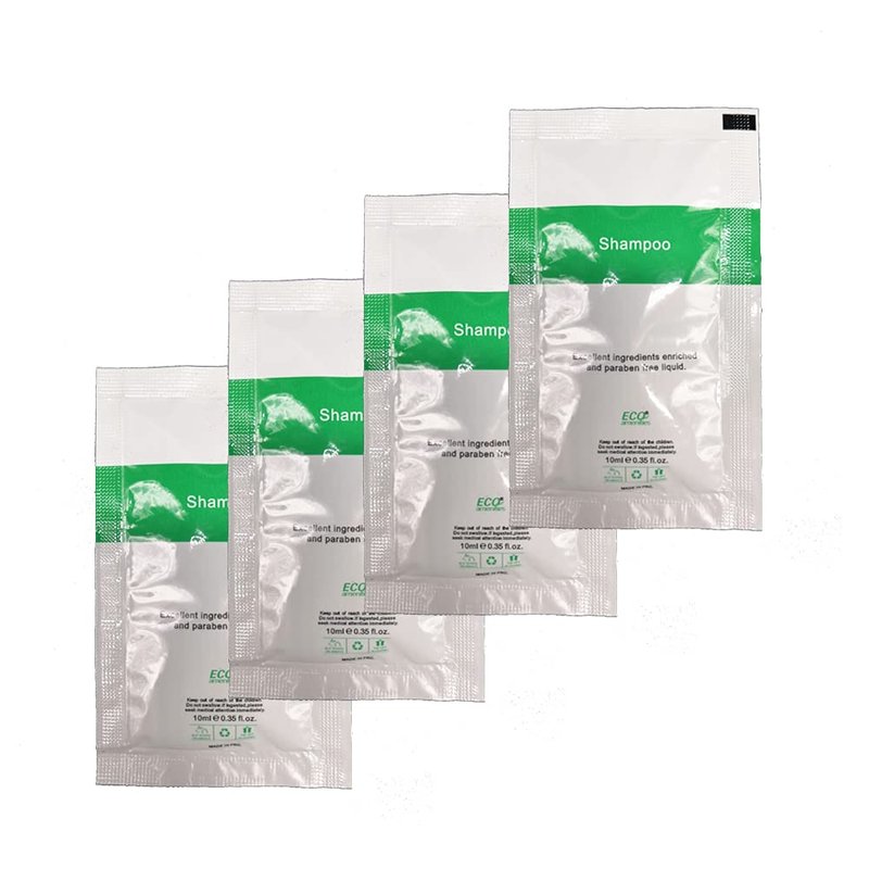 Eco Amenities Mini Shampoo Sachets - Refreshing Green Tea Scented Toiletries | 0.35 fl oz (10ml), 100 Pack for Hotels & Rentals