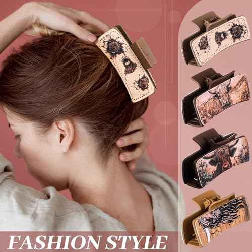 4 Pcs Christmas Western Leather Hair Claw Clips Bulk Cow Print Highland Cattle Hair Claw Clips Western Accessories Gifts for Women Country Cowgirl Stuff Xmas Accessories (Cow)