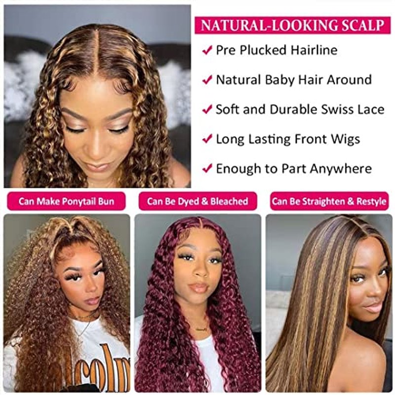 Highlight Ombre 13x4 Deep Wave Lace Front Wig Human Hair for Women 180% density HD Transparent Honey Blonde P4/27 Glueless 13x4 Curly Frontal Wig Pre Plucked with Baby Hair Super Soft 20inch