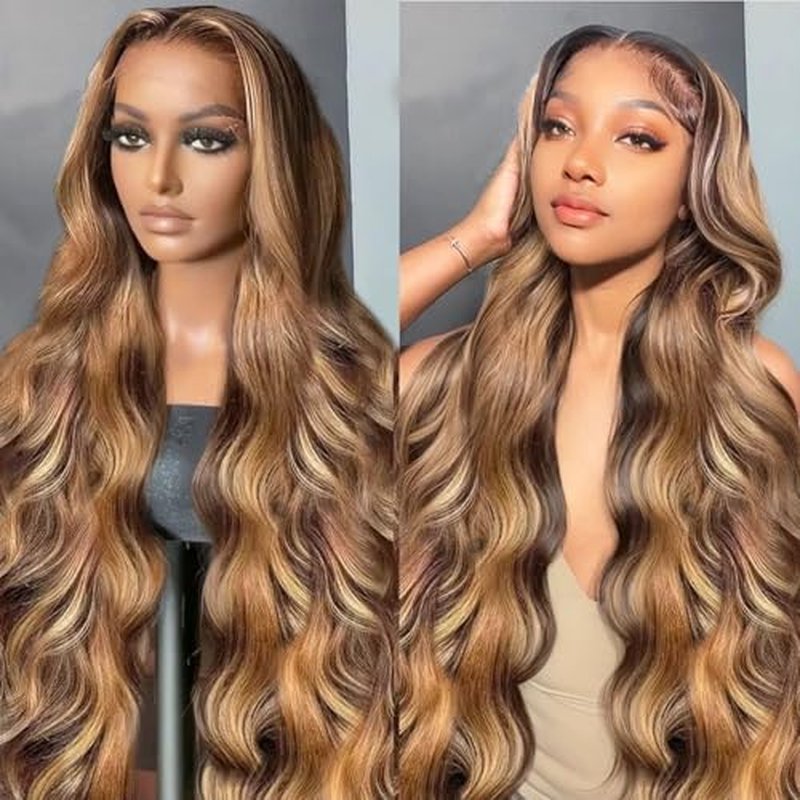 Honey Blonde Ombre Lace Front Wig Human Hair Body Wave 200% Density Highlight 13x4 Lace Front Wigs Human Hair Pre Plucked P4/27 HD Lace Frontal Wig Human Hair for Women (24 inch)