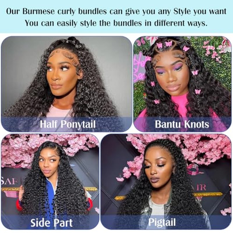Younsolo Burmese Curly Bundles Human Hair 16 18 20 Inch 14A Curly Bundles Human Hair 100% Unprocessed Wet and Wavy 3 Bundles 3c4a Burmese Curly Water Wave with Spiral End Hair Extensions Natural Black