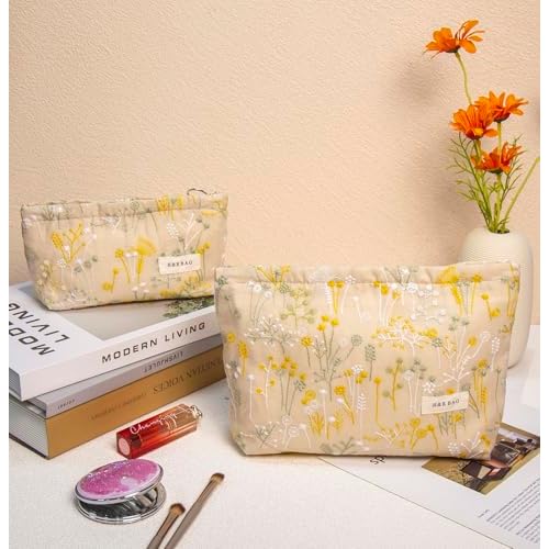 2 Pcs Makeup Bags, Large Cosmetic Bag Travel Toiletry Bag Organizer for Women, Embroidery Craft, Floral Makeup Bag Small Cosmetic Pouch Purse with Zipper Gifts for Girls Teen