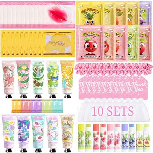 90 PCS Spa Party Supplies for Girls, Include 10 PCS Lip Mask, Eye Mask, Facial Masks, Lip Balm, Hand Cream, Scrunchie, Compressed Towel, Organza Bag, Cards, Spa Birthday Party Supplies for Girls