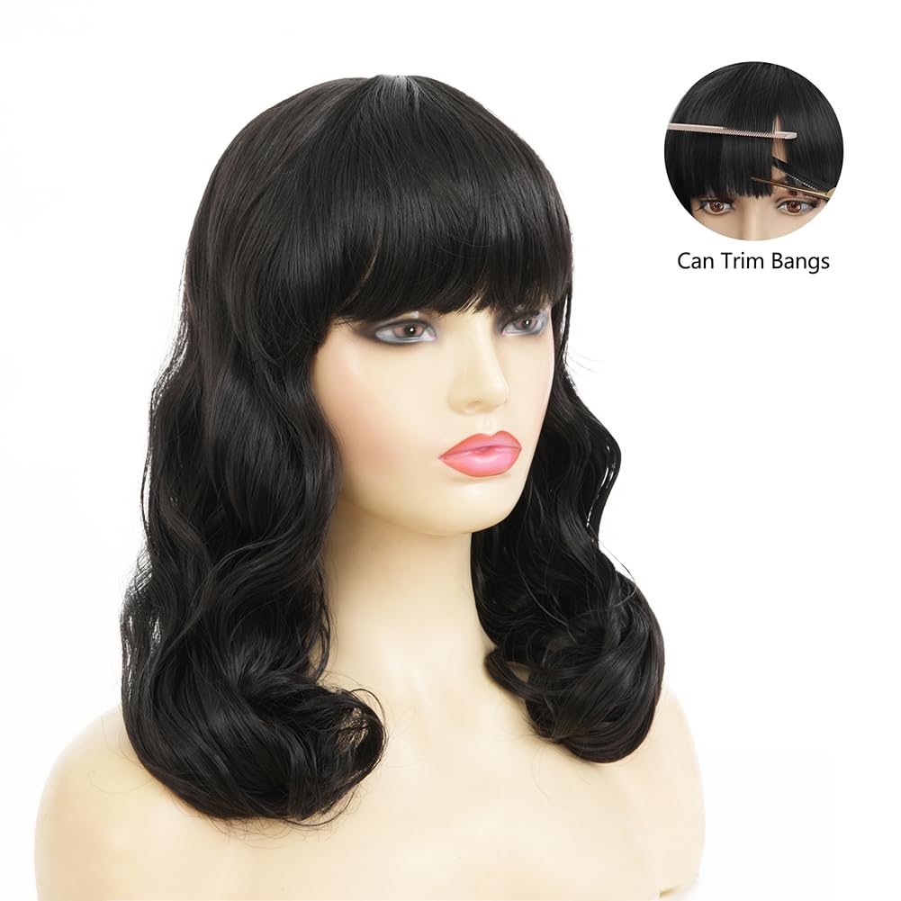 Dai Cloud Black Finger Wave Wigs for Women Long Curly Black Wigs with Bangs 1920s Women Vintage Hair Halloween Cosplay Party Costume Wig
