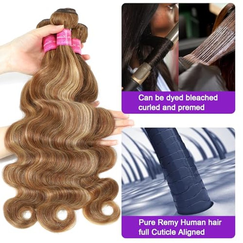 Vallbest Ombre Human Hair Bundles with Closure 14 16 18 +12 Inch Highlight Blonde Bundles Human Hair 4/27 Brown Body Wave with 4x4 Closure 12A Brazilian Virgin Remy Weave Raw Hair Extensions