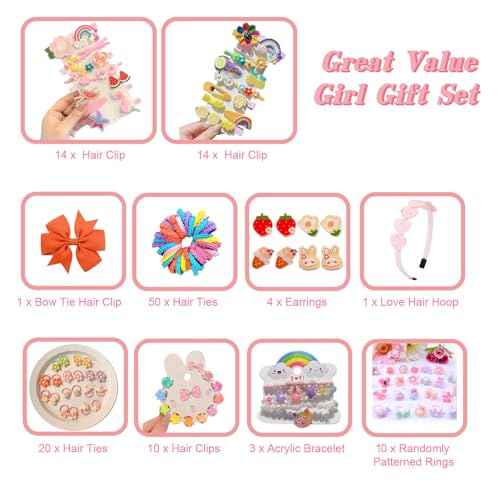 Jewelry Box with Hair Accessories for Girls, Hair Clips/Barrettes/Hair Ties/Bows/Toy Rings/Bracelets/Earrings/Hair Ropes/Hair Elastics, Gift Toys for Teen, Girls aged 4 5 6 7 8-12