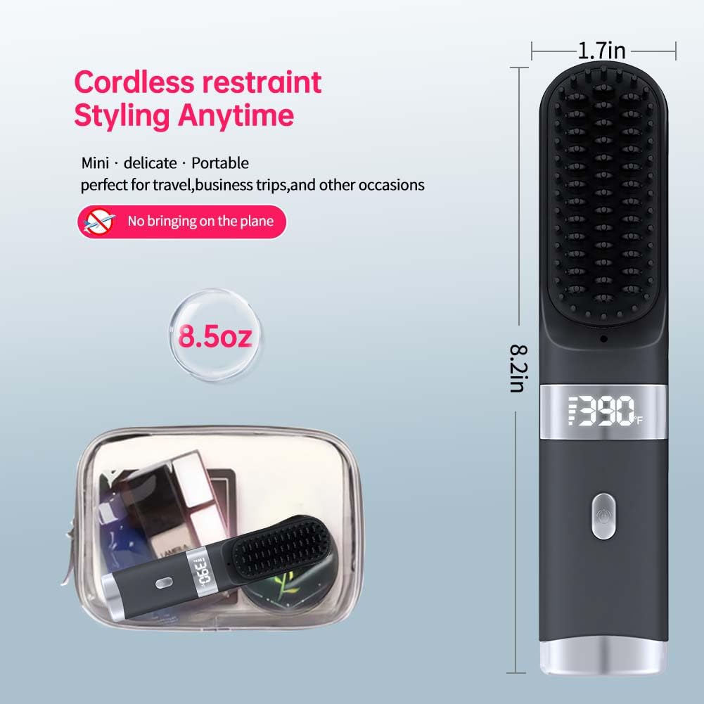Cordless Hair Straightener Brush Portable on The go Comb for Travel USB chargingTwo Power sources30s Fast HeatingLCD Large Screen Display (Black) 040404