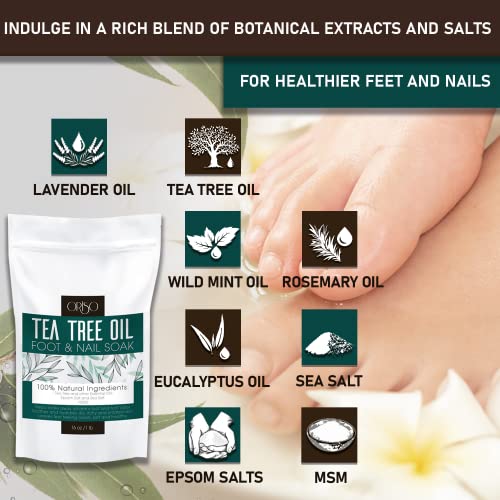 Tea Tree Oil Foot Soak - Pedicure Supplies with Epsom Salts and Lavender - Athletes Foot Treatment for Cracked and Dry Feet - Stubborn Foot Odor - Softens Calluses - Better Toe Nail Health - 16 Oz