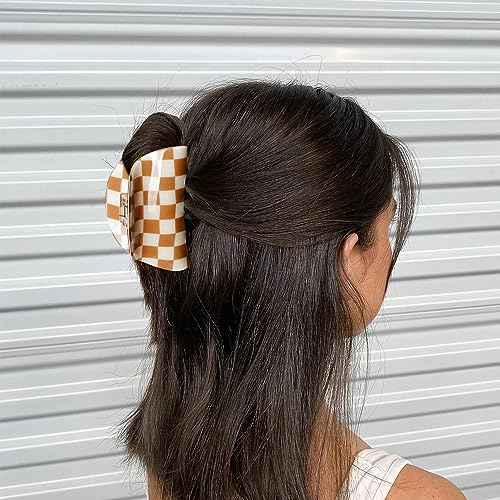 Brown & White Checkered Hair Clips, 3 Pack - Includes Square, Semicircle, and Rectangle Claw Clips for Thick or Thin Hair, Hair Accessories for Women and Girls