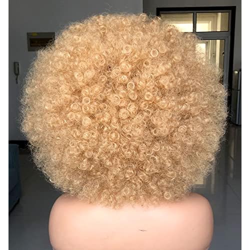 Short Afro Wig with Bangs for Black Women Afro Kinky Curly Wig 70s Premium Synthetic Big Afro Wigs(Blonde,Cap size:22.5-23inch)