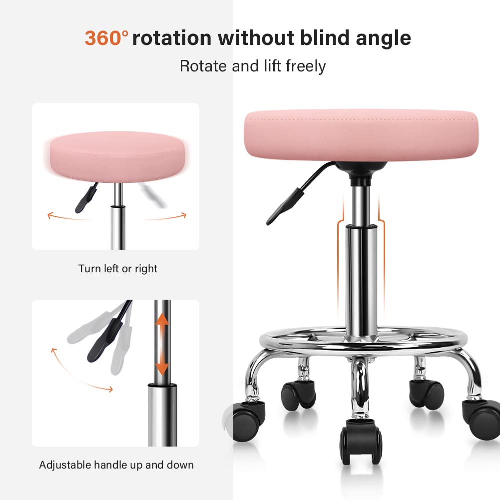KKTONER PU Leather Round Rolling Stool with Foot Rest Swivel Height Adjustment Spa Drafting Salon Tattoo Work Office Massage Stools Task Chair Cushion 14 inches(Pink)