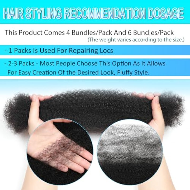 Afro Kinkys Bulk Human Hair for Dreadlocks Extensions Repair Locs, Twist Braiding Afro Kinky Human Hair for Locs 16 Inch 6 Bundles 105 Gram 4#