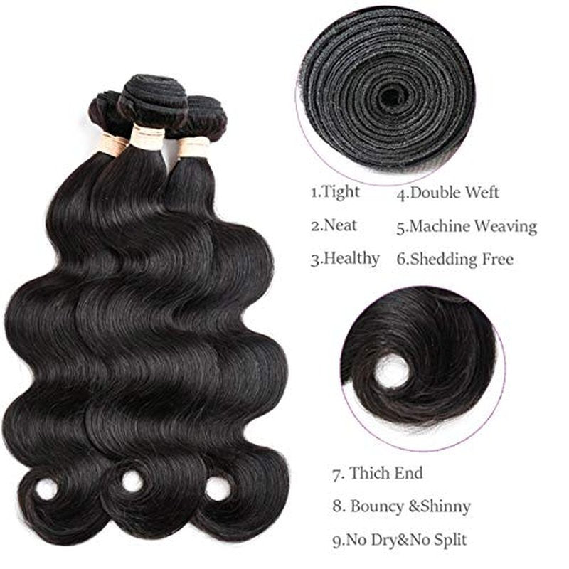 Brazilian Body Wave Virgin Hair Bundles with Lace Closure(18 20 22 with 16closure) Human Hair Unprocessed Body Wave Hair with Closure 4X4 Lace Free Part Natural Black Hair