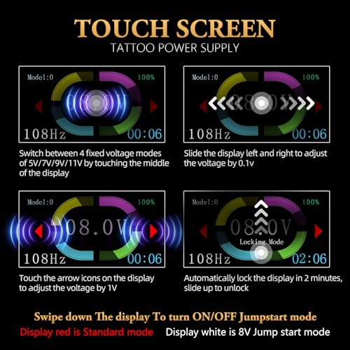 Tattoo Power Supply - Ambition S1 Plus Touch Screen Tattoo Battery Wristband Supply Portable RCA Tattoo 2400mAh Lithium Battery Pack with LCD Touch Display for Rotary Tattoo Machine