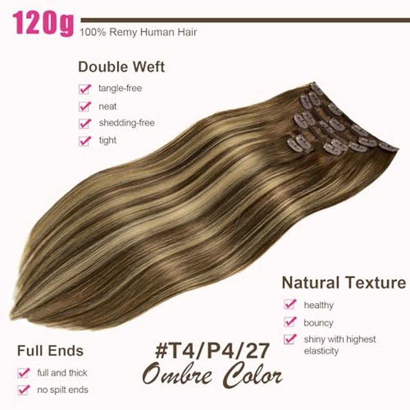 Clip in Hair Extensions Real Human Hair 120g 7pcs Human Hair Clip in Extensions 20 Inch Chocolate Brown Mixed Caramel Blonde #4/27/4 Thickened Straight Real Hair Extensions Clip in Human Hair
