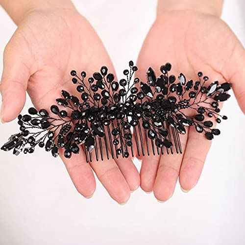 Teyglen Women Dainty Black Rhinestones Crystal Bride Wedding Hair Comb Headband Luxurious Hair Accessories Shiny Black Rhinestones Crystals Bridal Side Hair Combs for Women Bride Girls