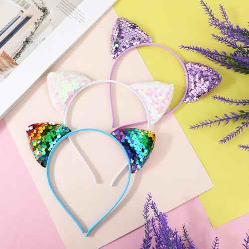 3 Pack Reversible Sequin Cat Ears Headband Glitter Sparkly Cat Hairbands Shiny Cute Kitty Headband Hair Metal Hoop Hair Accessories for Women Girls Daily Wearing and Party Decoration