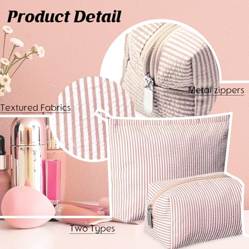 2 Pieces Makeup Bag Set Cute Cosmetic Pouch for Women Seersucker Travel Toiletry Bag Preppy Small Makeup Purse Pouch Aesthetic Skincare Brushes Storage Organizer for Women(Khaki)