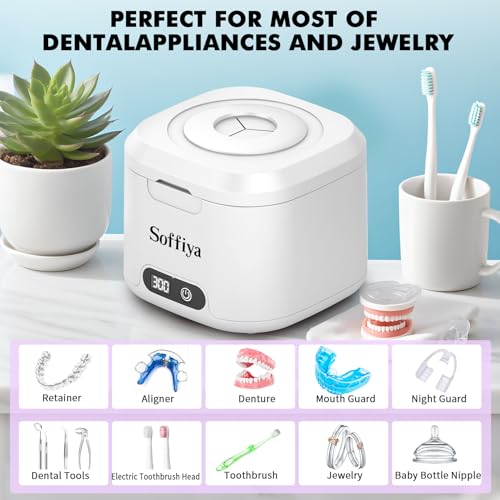Dental Ultrasonic Retainer Cleaner Machine: Soffiya 49kHz Denture Cleaner with 350ML for Cleaning Dentures, Mouth Guards, Aligner, Braces, Toothbrush Head & Jewelry - UV Cleaner with 4 Digital Timers
