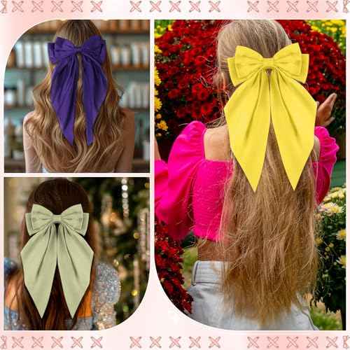 Hoteam 12 Pcs Silky Satin Oversized Hair Bows Bulk Big Hair Bows for Women Long Tail Large Bowknot Barrettes Hair Barrettes Clips Ribbon Bows Hair Accessories Gifts (Vibrant)