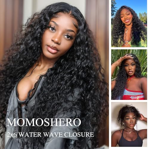 Water Wave Closure 20 Inch 2x6 HD Lace Closure Brazilian 12A Remy Human Hair Pre Plucked Transparent Lace Middle Part Wet and Wavy Closure with Baby Hair Natural Black Color Curly Extensions