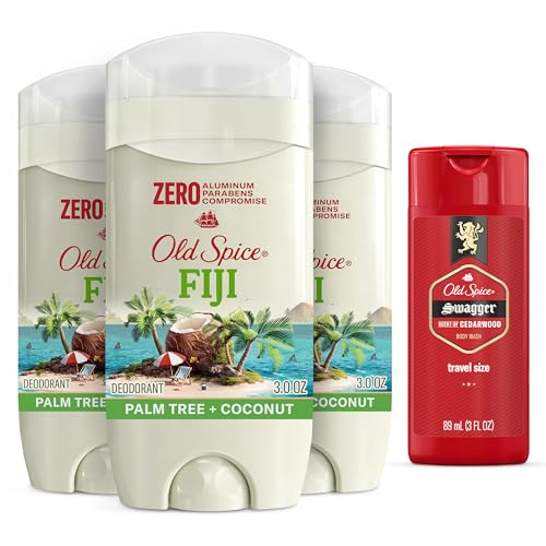 Old Spice Aluminum Free Deodorant for Men, 24/7 Long Lasting Freshness, 24/7 Sweat & Odor Protection, Fiji with Palm Tree Scent Deodorant with Travel-Size Swagger Scent Body Wash, 3 oz (Pack of 3)