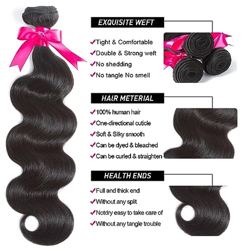Body Wave Bundles with Closure for Black Women 100% Unprocessed Brazilian Body Wave Human Hair 3 Bundles with 4X4 Lace Closure Free Part Natural Color