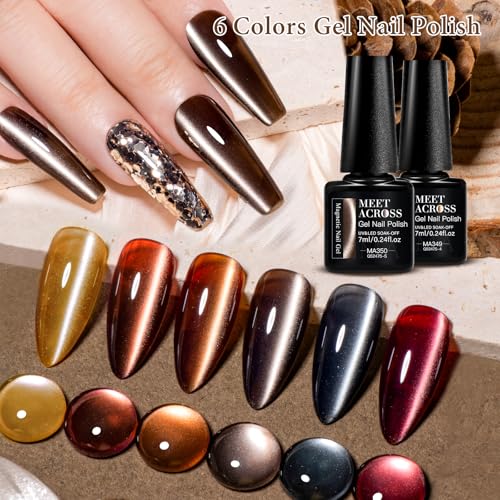 MEET ACROSS Amber Cat Eye Gel Polish Set Brown Glitter Gel Polish Kit Nude Cat Eye Gel Nail Polish Magnet Translucent Soak Off UV Cateye Nail Polish with Magnet Fall and Winter Gifts