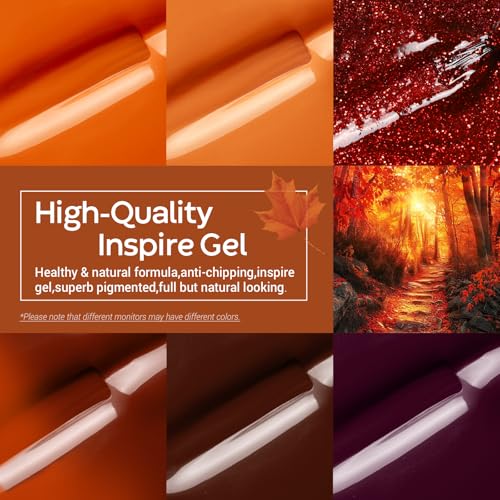 modelones Gel Nail Polish Set, 6 Colors 2025 Fall Winter Thanksgiving Maple Burnt Orange Brown Maroon Burgundy Red Glitter Gel Polish Cherry Mocha Turkey Pumpkin Color Changing Nail Polish LED Gift