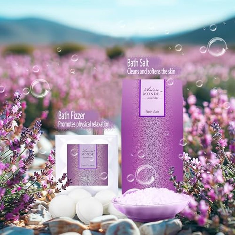 Bath Sets for Women Gift, Bath and Body Gifts Set, Lavender Spa Gift for Self Care Includes Body Lotion, Shower Gel, Bath Salts, Relaxing Bath Sets for Mom, Grandma, Girlfriend, Sister, Friends