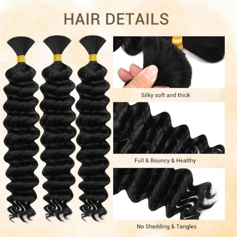 Human Braiding Hair for Boho Knotless Braids 3 Bundles 20 Inches 150g Deep Wave 10A Brazilian Virgin Human Bohemian Hair for Braiding Natural Black 1B