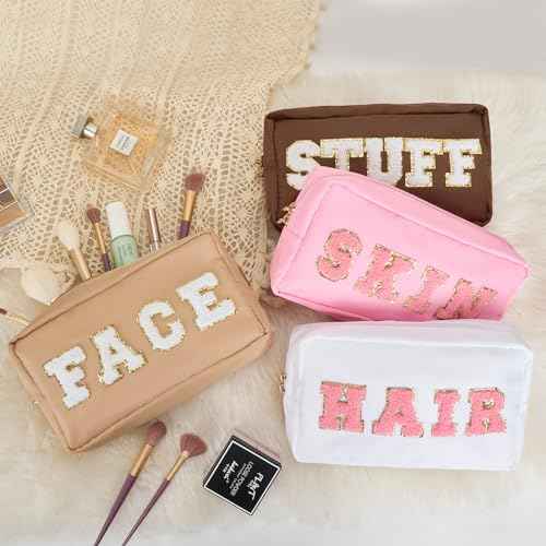 Preppy Makeup Bags Stoney Clover 4 Pcs Travel Organizer Patch Bag Large Varsity Chenille Letter Cosmetic Toiletry Preppy Stuff Cute Bags Portable Pouch Storage Purse Bag Set