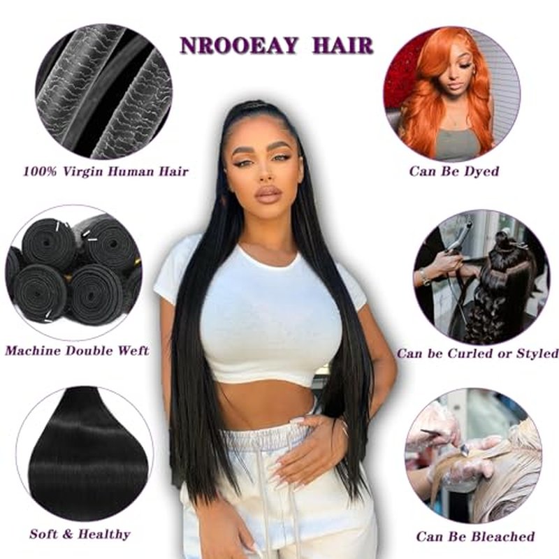Straight Bundles Human Hair 34 inch 100% Unprocessed Brazilian Straight Hair Bundles 12A Remy Virgin Retain the Intact Cuticle, Long Lifespan