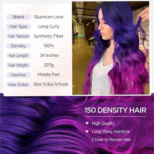 Quantum Love Long Purple Wavy Wigs Ombre Purple Body Wave Mermaid Hair Wig for Women Middle Part Colorful Curly Synthetic Hair for Halloween Cosplay Daily Party Use
