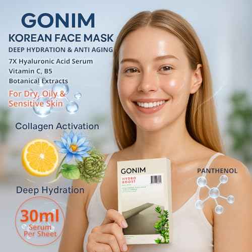 GONIM Face Mask Korean Skin Care with Hyaluronic Acid Serum & Collagen Activation, Face Masks Skincare with Vitamin C, Moisturizing Sheet Mask for All Skin,Korean Face Mask Travel Essentials 10 Sheets