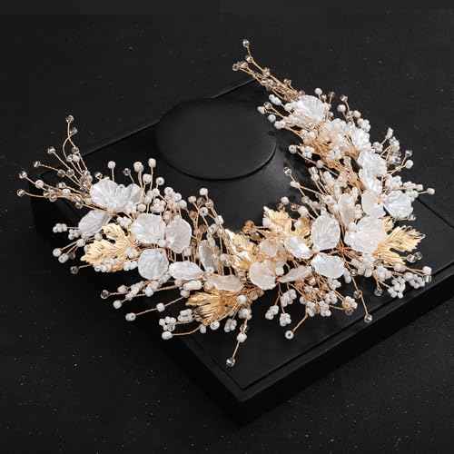 Teyglen Flower Bride Wedding Hair Vine Bridal Flower Headband Gold Silver Leaf Crystal Beads Headpiece Wedding Hair Accessories Floral Head Piece for Women Bride Flower (Gold)