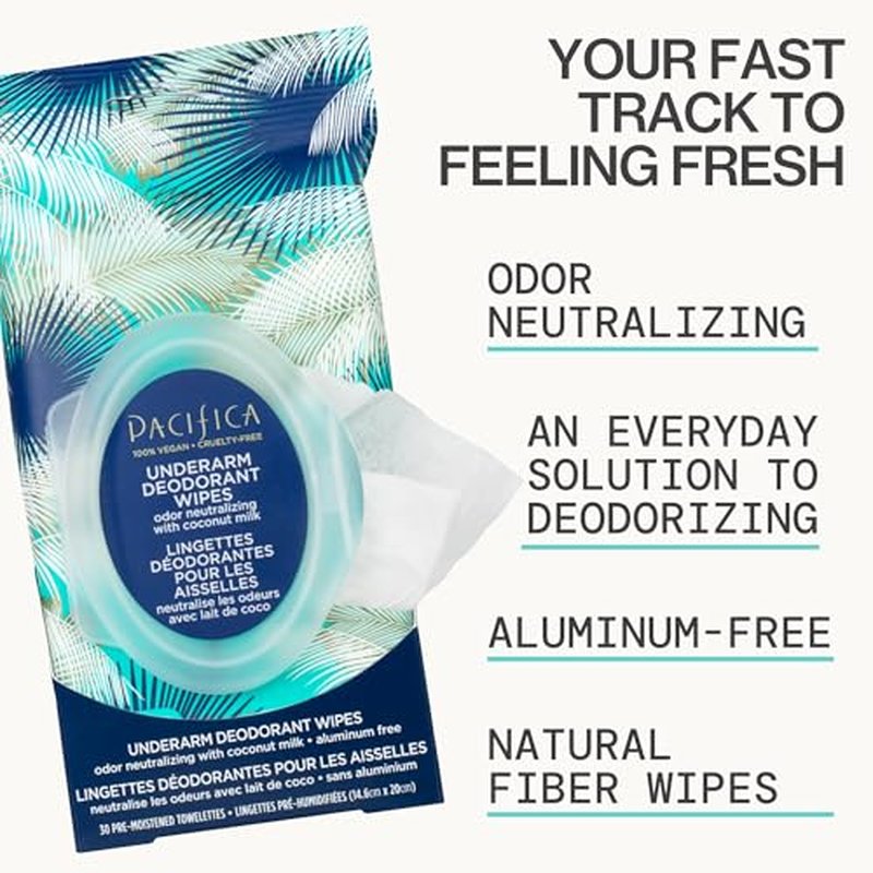 Pacifica Beauty Coconut Milk & Essential Oils Underarm Deodorant Wipes, Helps Remove Odor, Aluminum-Free, Vegan & Cruelty-Free, 30 Wipes (1-Pack)