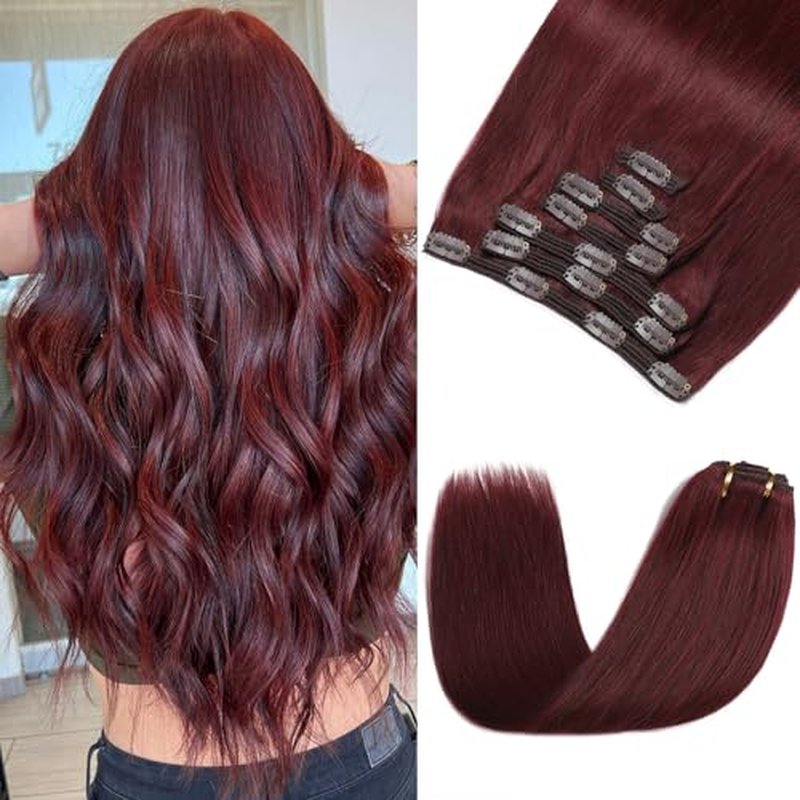 Clip in Hair Extensions Real Human Hair - 160g 20 Inch 7pcs, Burgundy Red Color - Premium Soft Hair Extensions Real Human Hair Clip ins Straight Double Weft for Women (#99J 20 Inch)