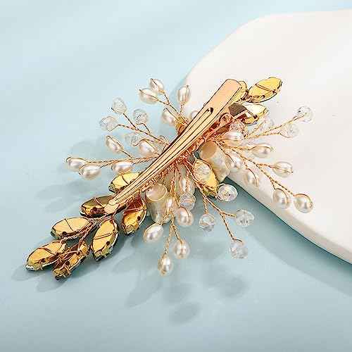 Teyglen Crystal Bridal Hair Clip Wedding Flower Green Rhinestone Hair Clips Handmade Pearls Crystal Hair Pieces Barrette Wedding Hair Accessories for Bride Floral Flower Headpieces for Women Girls