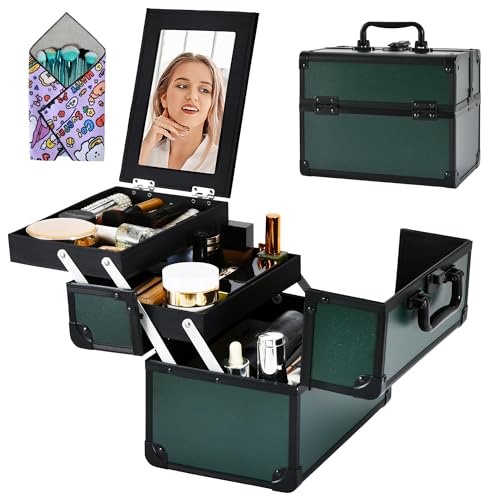Makeup Train Case, Portable Makeup Case with Mirror, 2-Trays Cosmetic Organizer Case,Nail Polish Organizer, Travel Makeup Box, Profesional for Salon Barber, Green