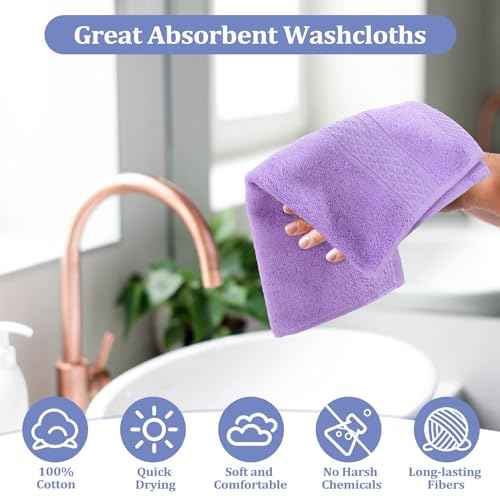 Tudomro 15 Pcs Washcloths Bulk 13 x 13 Inch 100% Cotton Wash Cloths Set Soft Absorbent Face Cloths Face Towels Quick Drying Hand Fingertip Towels for Hotel, Gym, Bathroom, Spa(Purple Series)