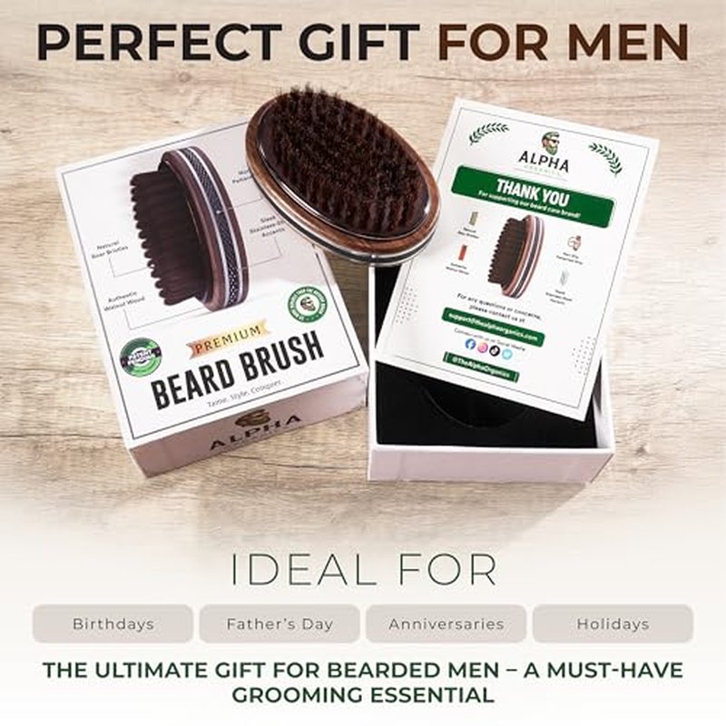 Premium Handmade 4.5" Boar Bristle Beard Brush for Men ? Natural Walnut Wood & Non-Slip Rubber Grip ? Men¡¯s Grooming Brush for Short, Medium & Long Beards ? Mustache & Beard Care Tool ? Alpha Organics
