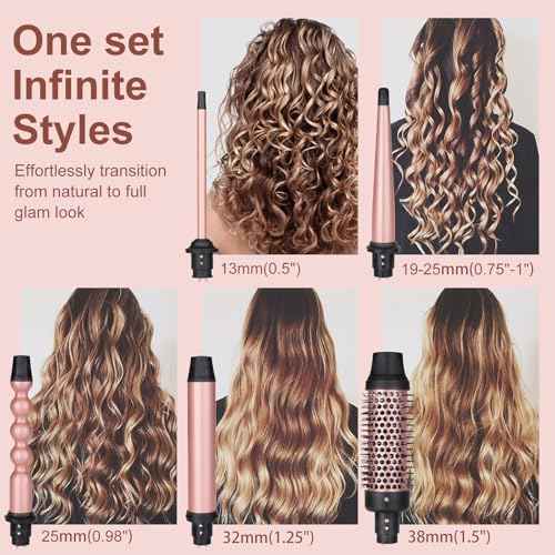 5 in 1 Curling Iron Brush Set with Thermal Brush and 4 Interchangeable Ceramic Curling Wand(0.5¡±-1.25¡±), Fast Heating, Dual Voltage, Include Glove