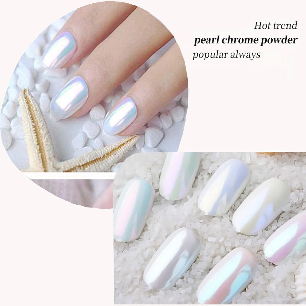 Pretty Diva 7 Colors Pearl Chrome Powder Set, Magic White Pearl Chrome Powder for Nails Aurora Iridescent Pearl Nail Chrome Powders Metallic Manicure Pigment