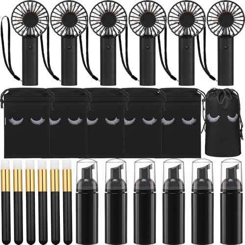 Woanger 24pcs Lash Shampoo Kits Rechargeable Handheld USB Portable Fans Eyelash Shampoo Brush Empty Bottle Drawstring Bag for Lash Care Operation Christmas Items Employee Appreciation Gift(Black)