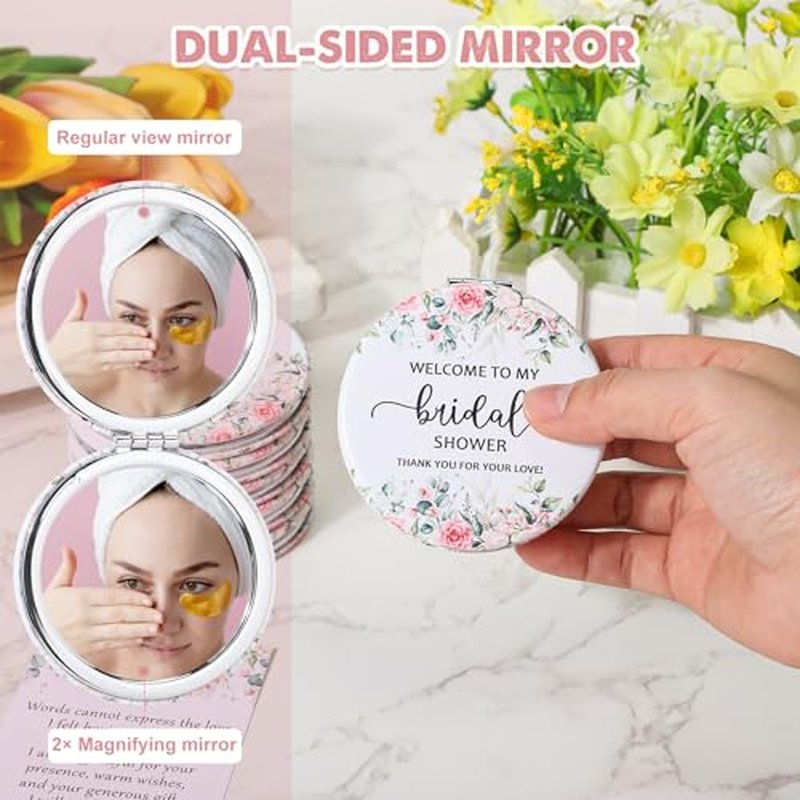 XunYee 24 Sets Bridal Shower Favors for Guests Flower Design Makeup Mirrors Leather Compact Mirrors Bridal Thank You Cards with Organza Bags Bridesmaid Gifts Wedding Party Favors Supplies