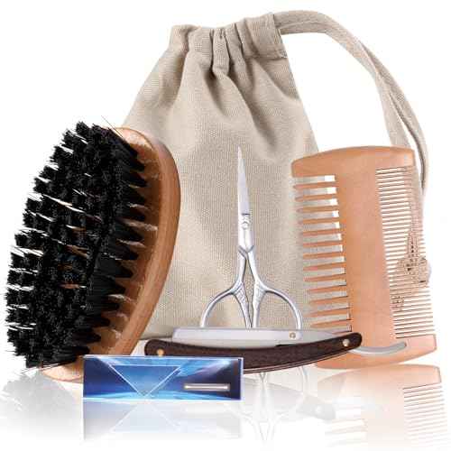 Beard Brush and Comb Set for Men - Straight Edge Razor and Shaving Scissors, Natural Boar Bristle, Dual Action Wood Comb, Travel Pouch - Great for Grooming Beards and Mustaches