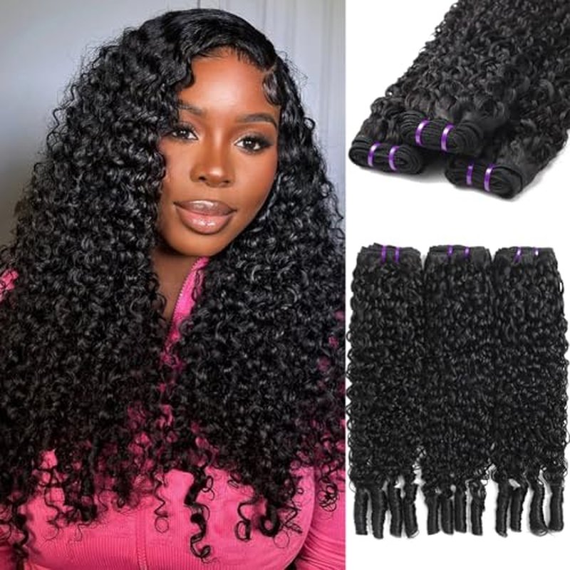 Seekomi Burmese Curly Human Hair 3 Bundles 16 18 20 Inch 100% Virgin Water Curly Bundles Human Hair with Spiral Ends Double Weft Quick Weave for Women, Natural Black Color, 300g